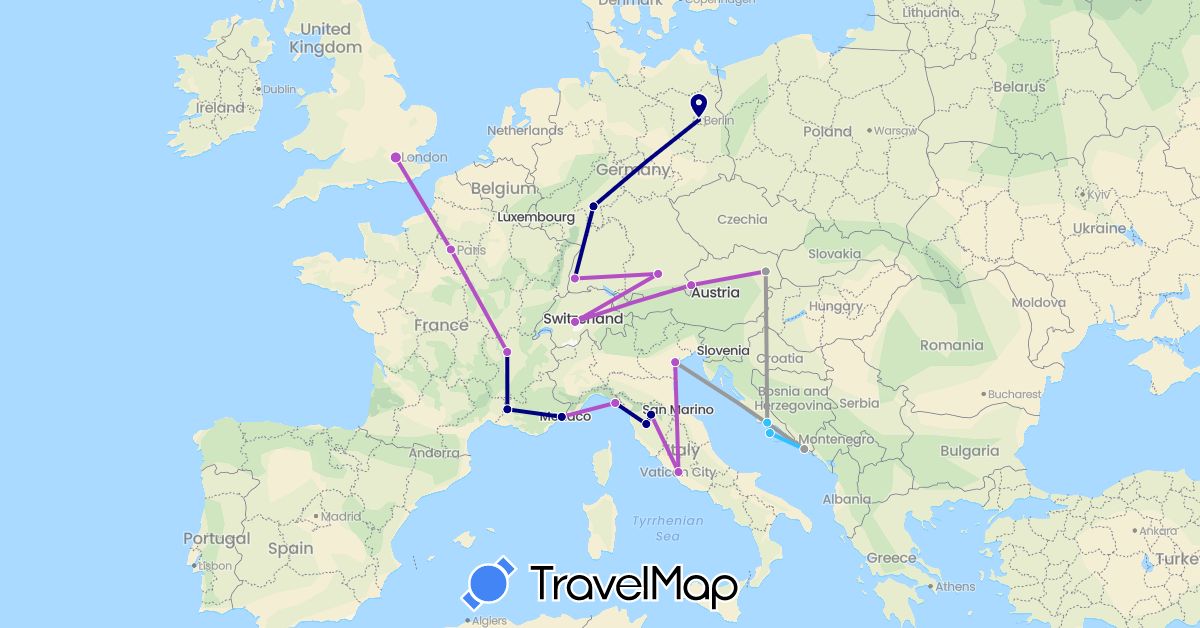 TravelMap itinerary: driving, plane, train, boat in Austria, Switzerland, Germany, France, United Kingdom, Croatia, Italy (Europe)